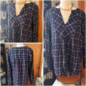 womens LARGE LOFT pullover blue plaid tunic style top